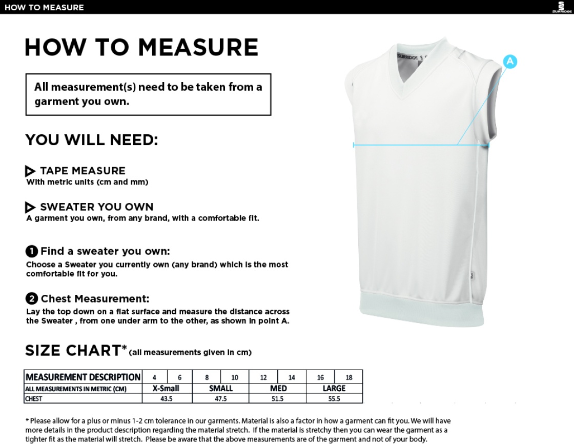 Blast Women's Sleeveless Cricket Sweater - Size Guide