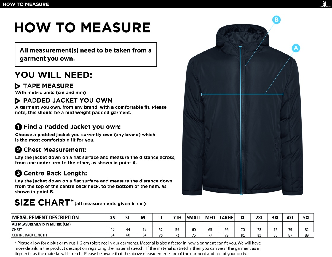 Active Padded Jacket - Navy - Size Guide