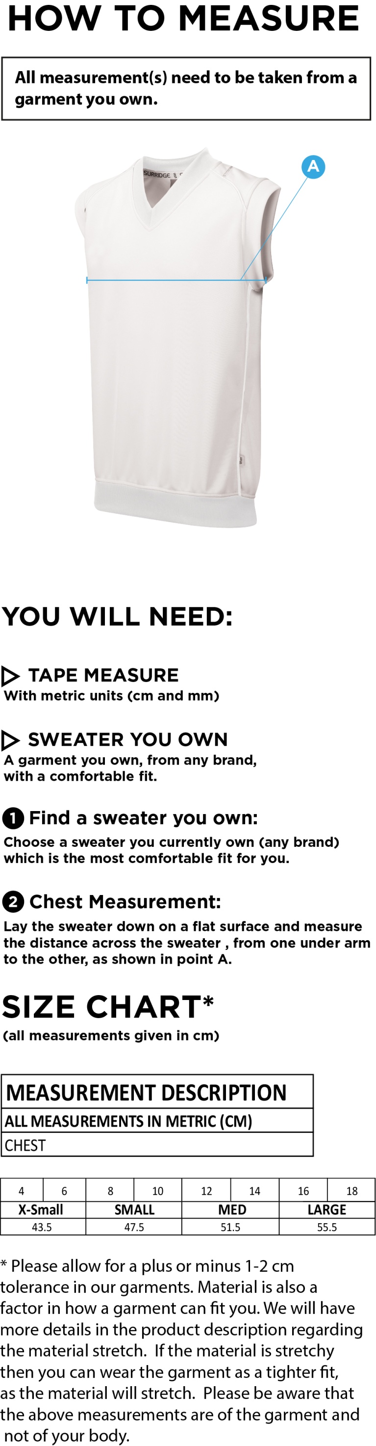 Blast Women's Sleeveless Cricket Sweater - Size Guide